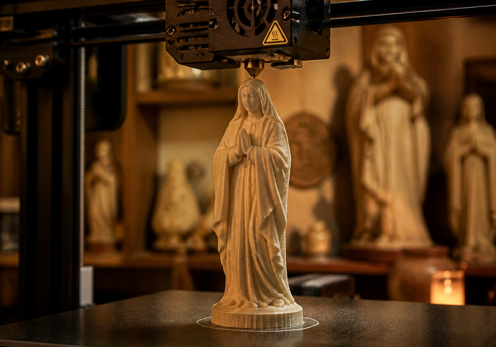Impressora 3D imprimindo uma peça religiosa no ateliê